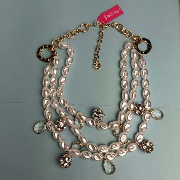 Lilly Pulitzer Statement Necklace 3 Strand Dreamy Pearl In Resort White Casual - Picture 2 of 13